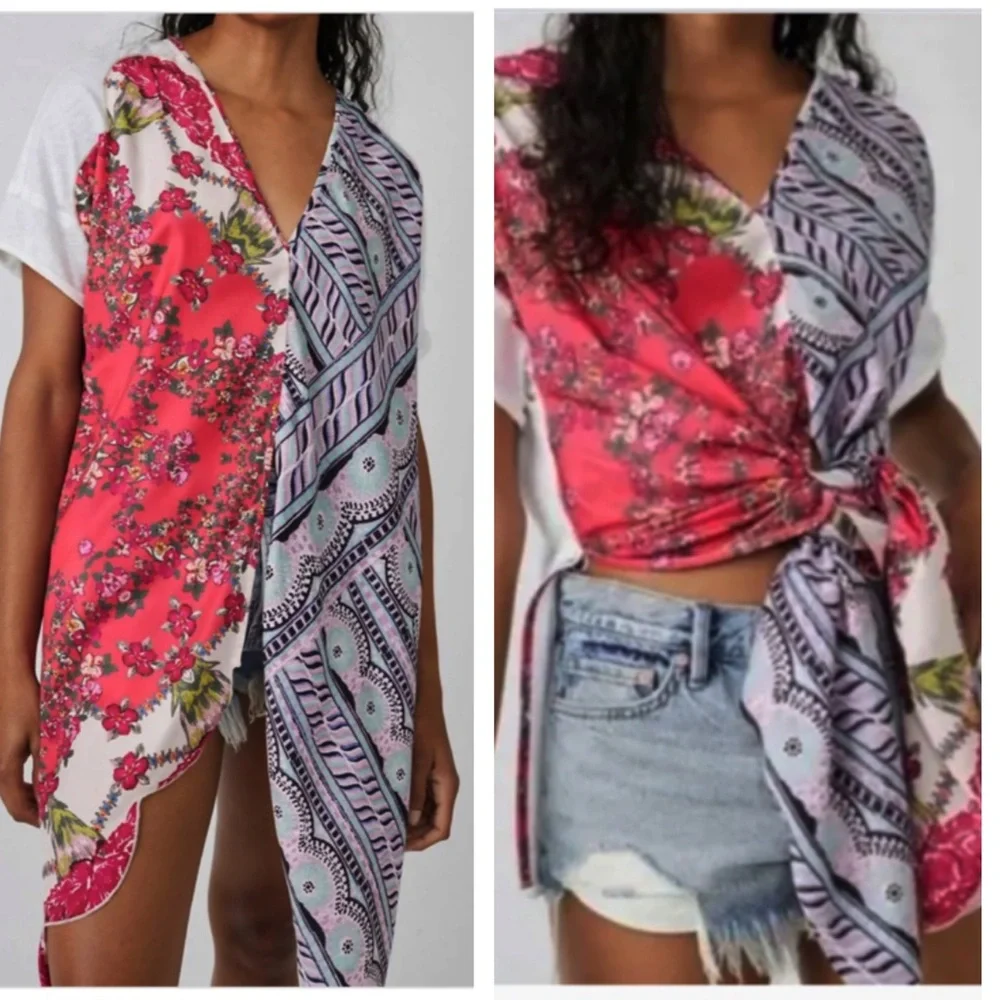 FREE PEOPLE PICK YOUR SCARF SPLIT TUNIC MAXI TEE LARGE PINK COMBO